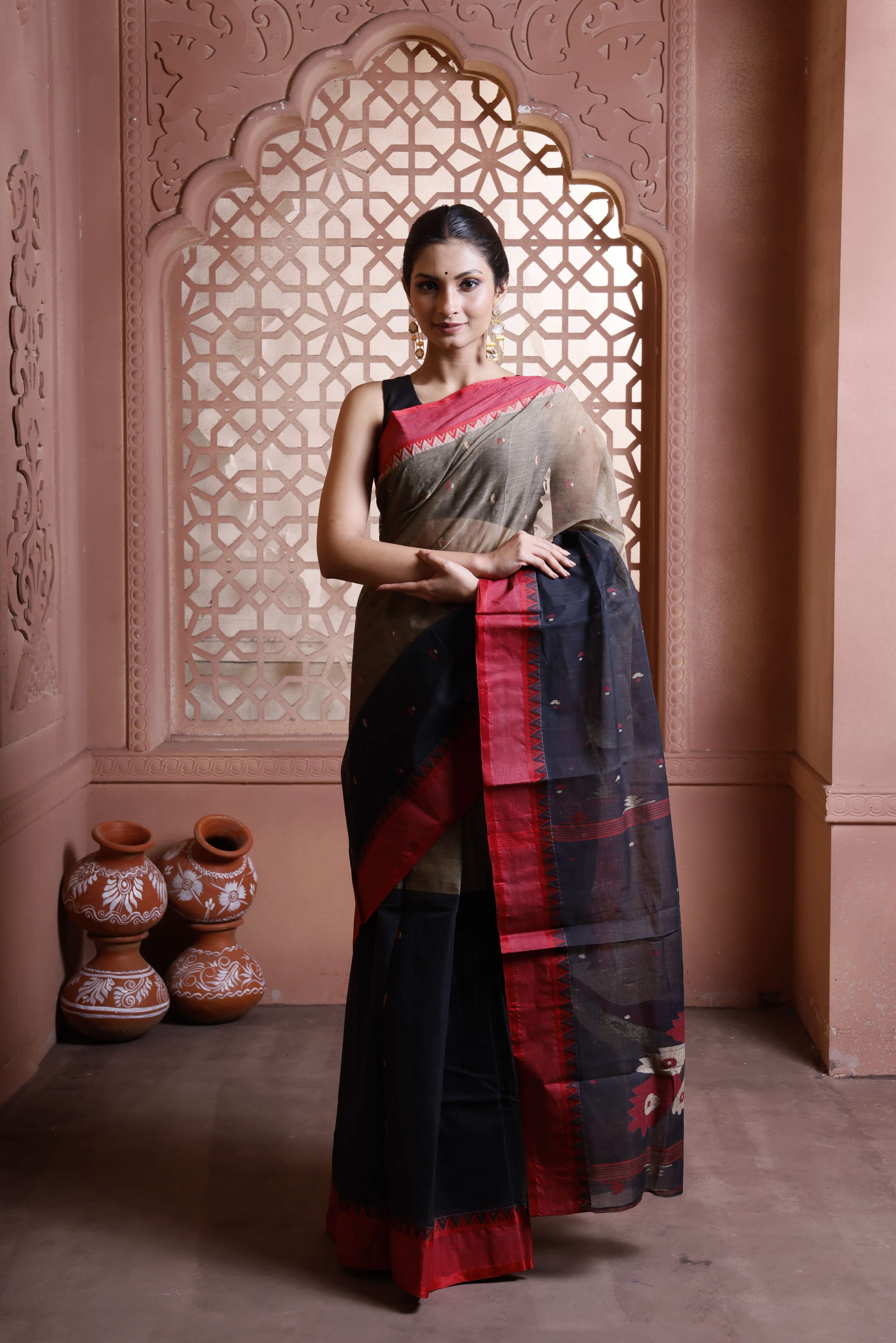 Half half cotton designer with beautiful pallu