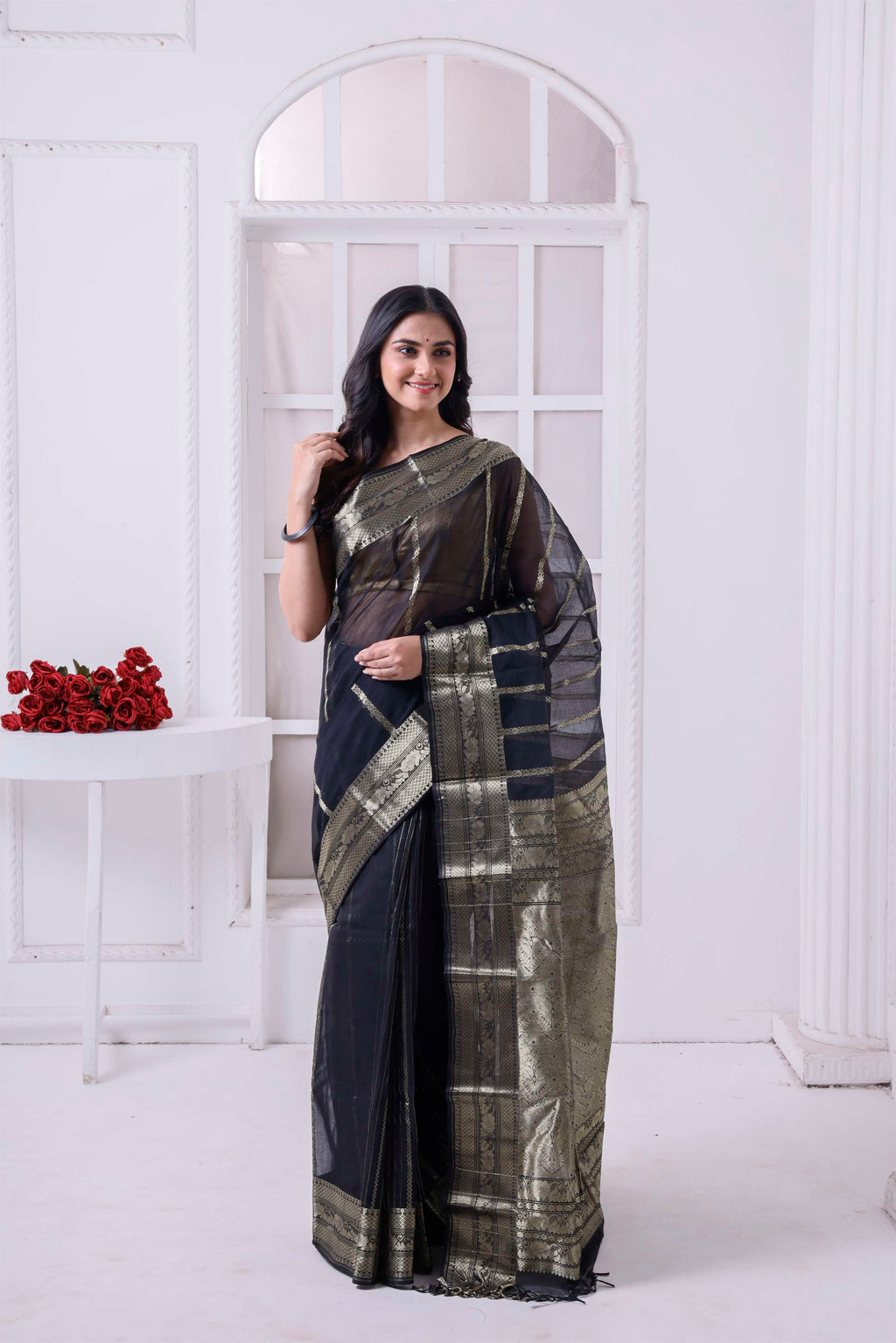 Designer Cotton Tant Banarasi With Golden Stripes