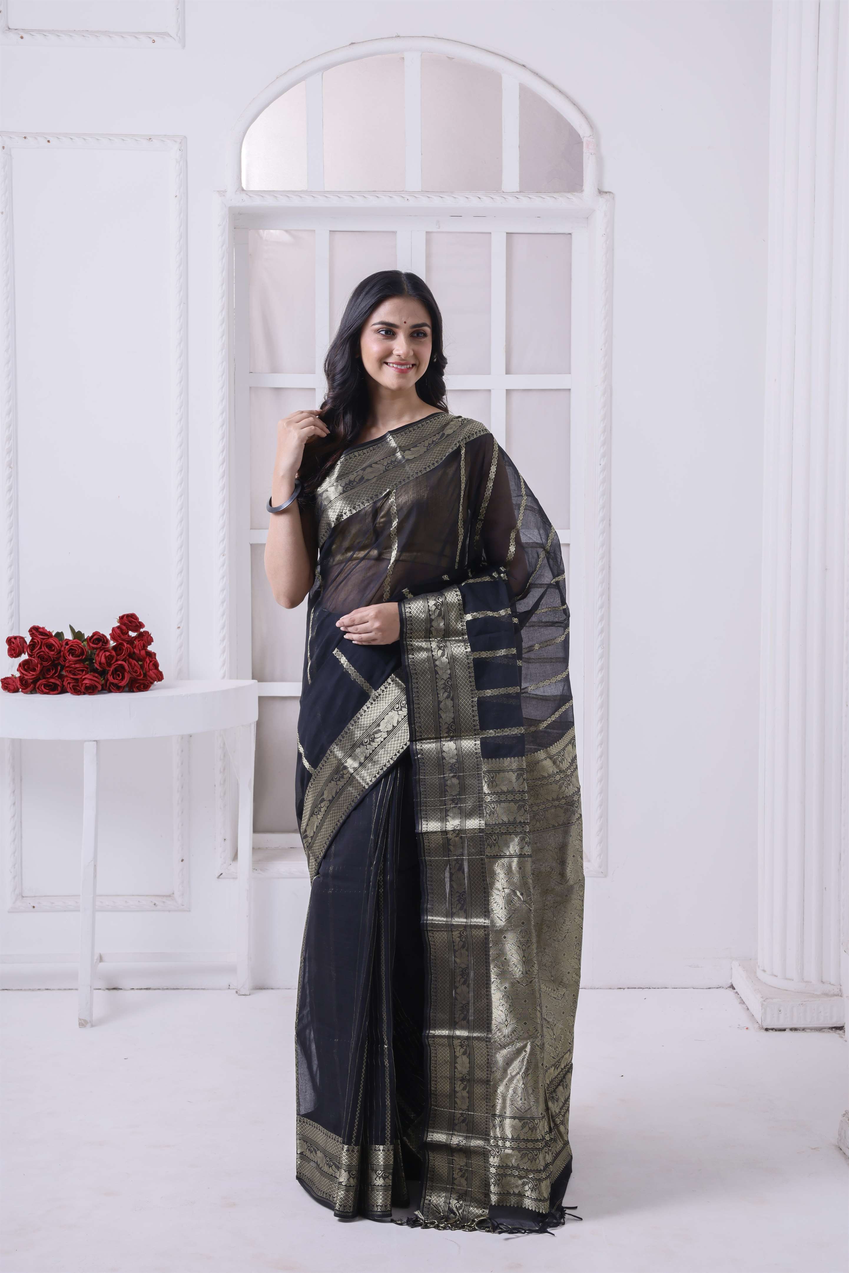 Designer Cotton Tant Banarasi With Golden Stripes