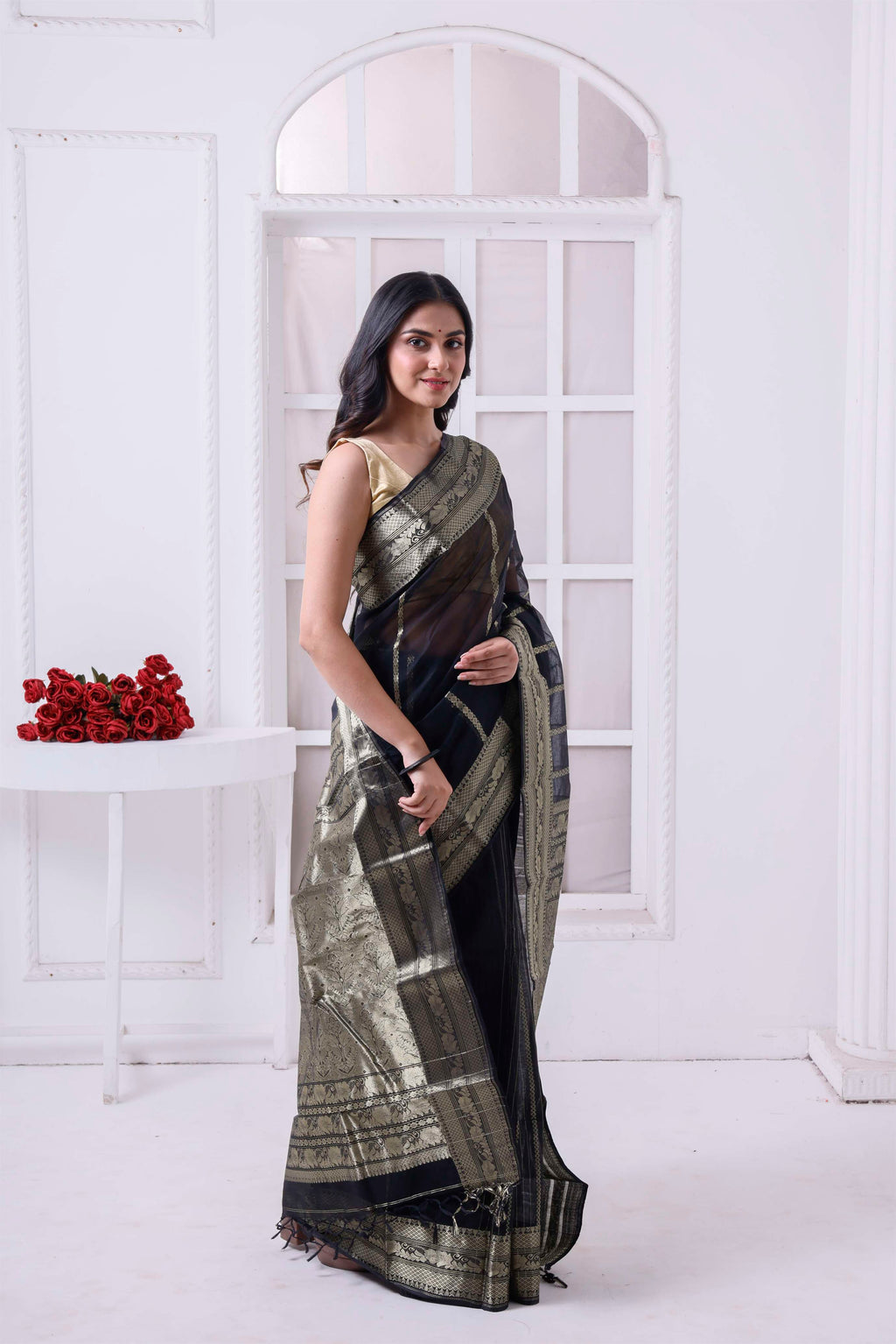 Designer Cotton Tant Banarasi With Golden Stripes