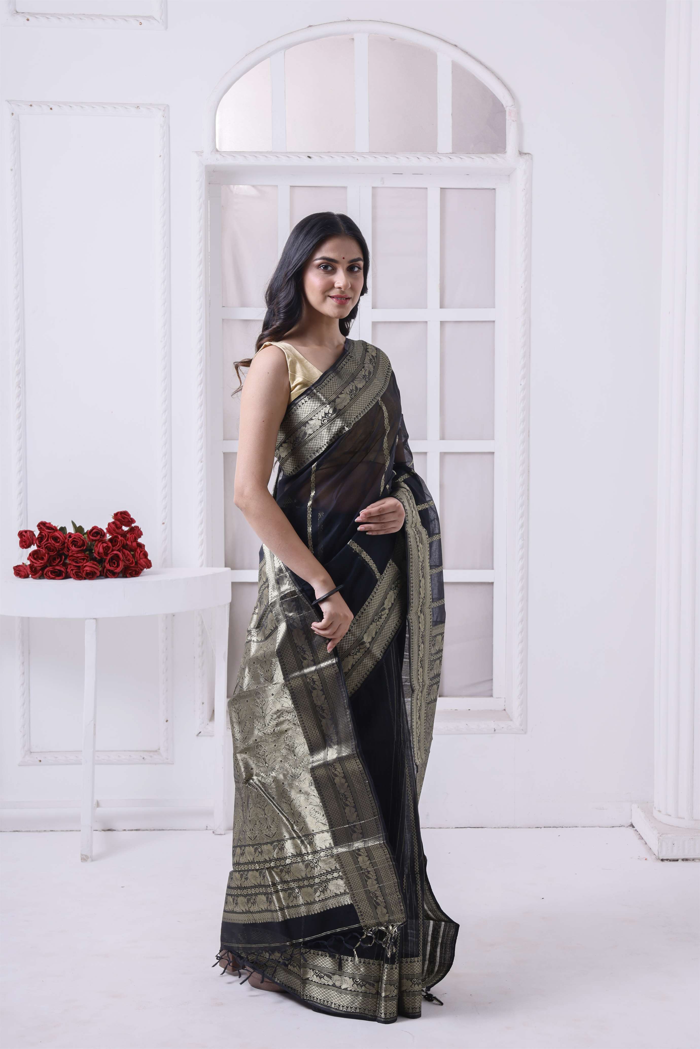 Designer Cotton Tant Banarasi With Golden Stripes