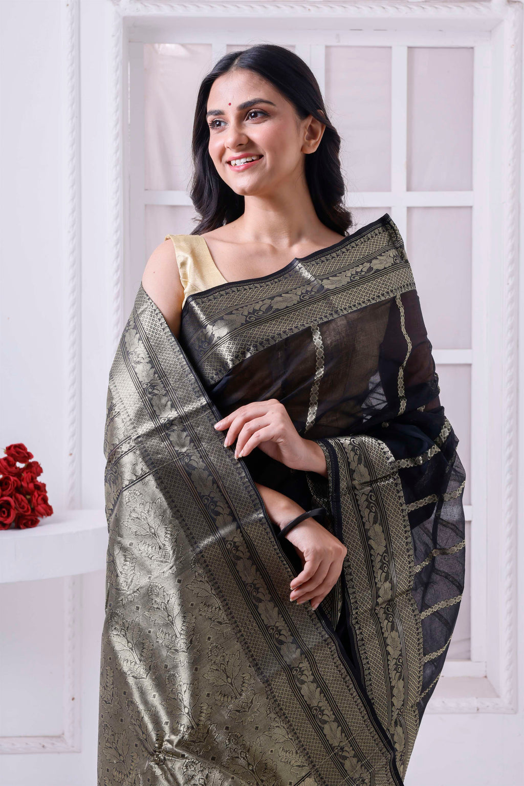 Designer Cotton Tant Banarasi With Golden Stripes