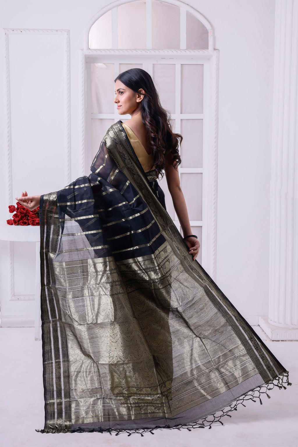Designer Cotton Tant Banarasi With Golden Stripes
