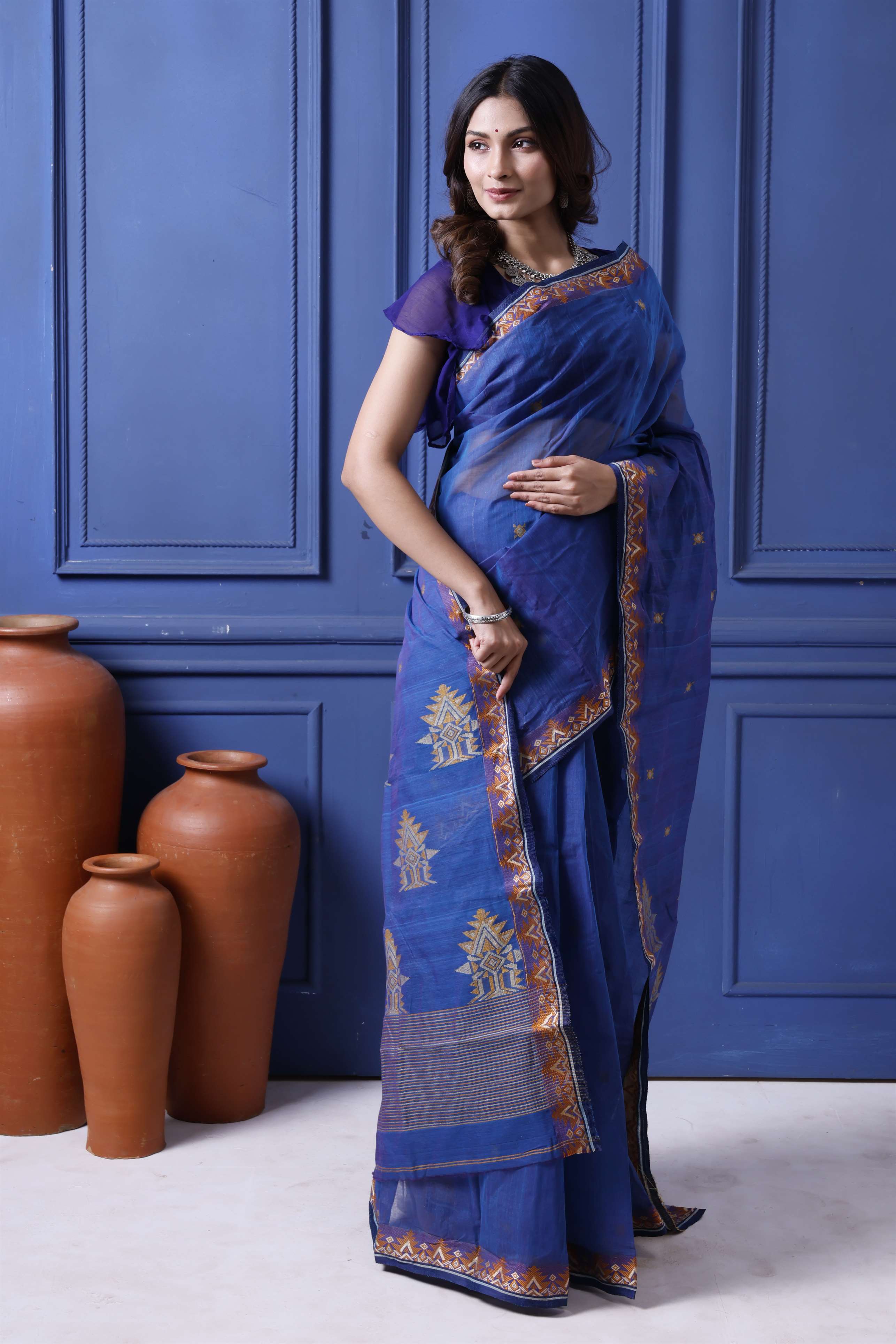 Designer Tant Saree With Small Mina Border